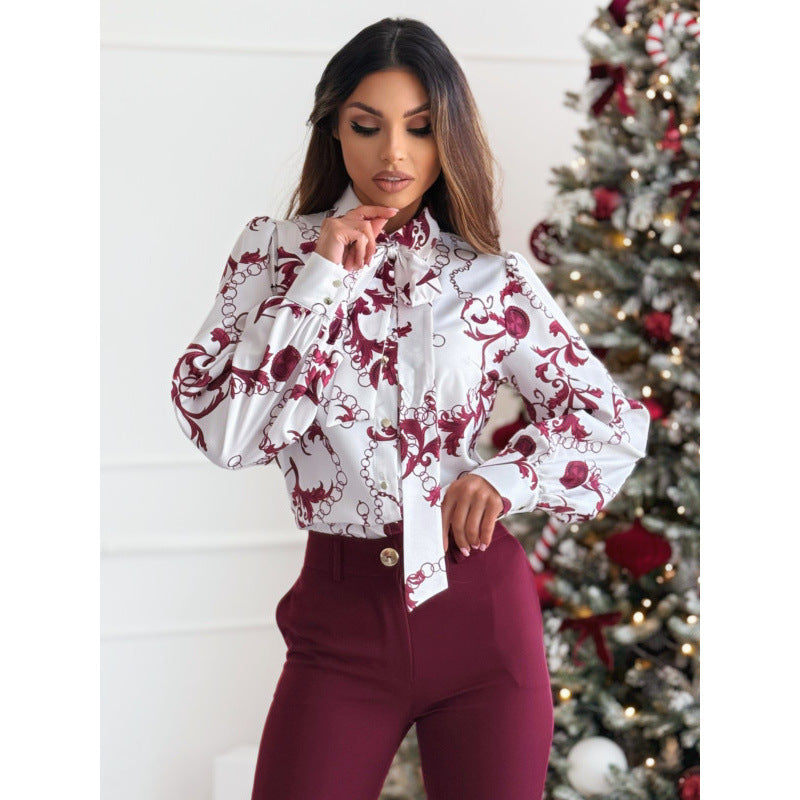 Printed Long Sleeve Bow Tie Shirt Women's Top 4