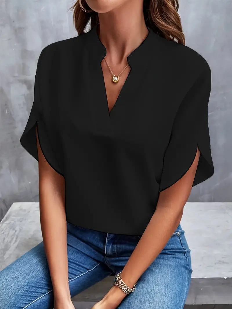 Women Summer Casual Solid V-Neck Loose Shirt 9