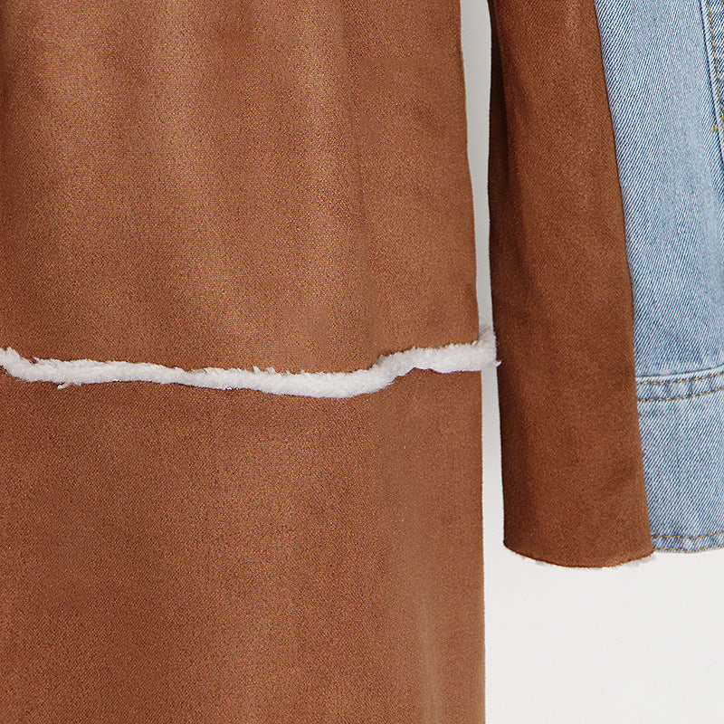 Women Autumn/Winter Turndown Collar Long Sleeve Lace-Fly Lamb Maxi Colorblock Denim Coat 29