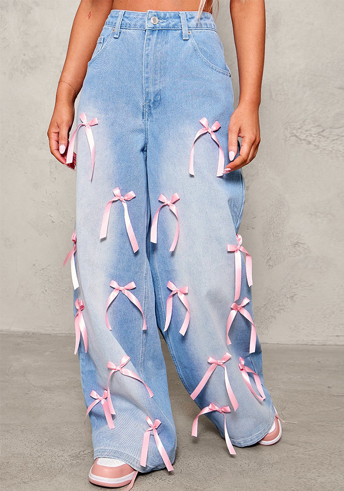 Women Bow Denim Wide Leg Pants