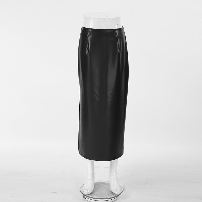 Black Sexy Autumn Winter Mid-Length PU Leather Skirt 5