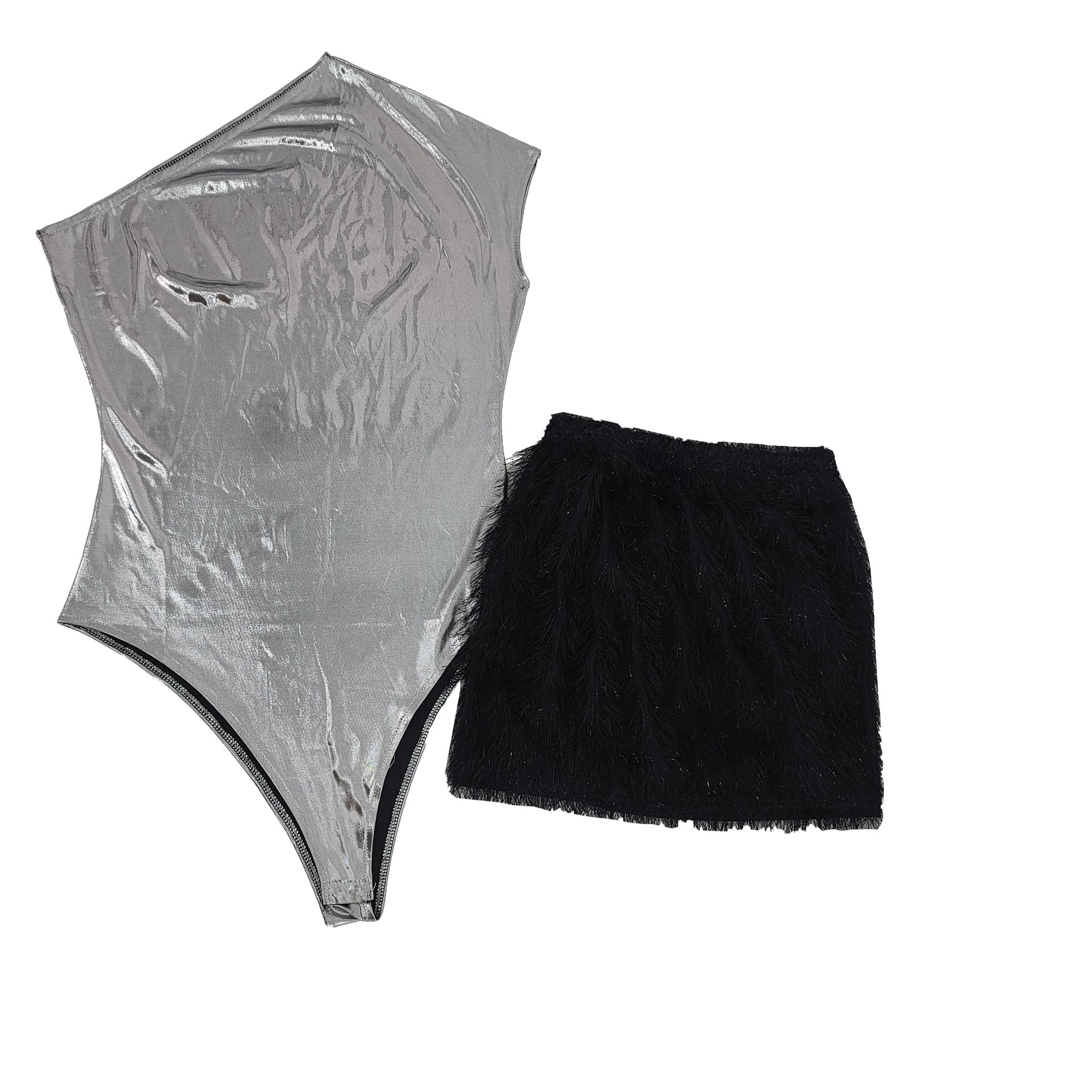 Women's Solid Color Glossy Bodysuit Sexy Short Skirt Two-Piece Set 29