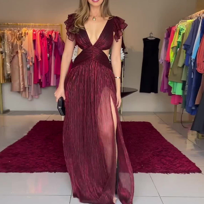 Summer fashion lace sleeve hollow sexy slit evening dress 5