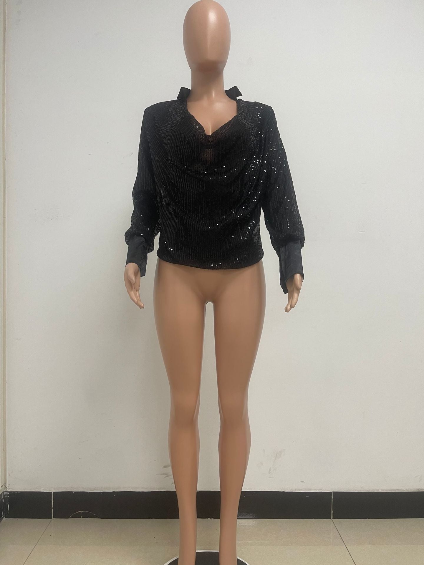 Women's Deep V Pleated Loose Ladies Chic Sequin Long Sleeve Shirt 37