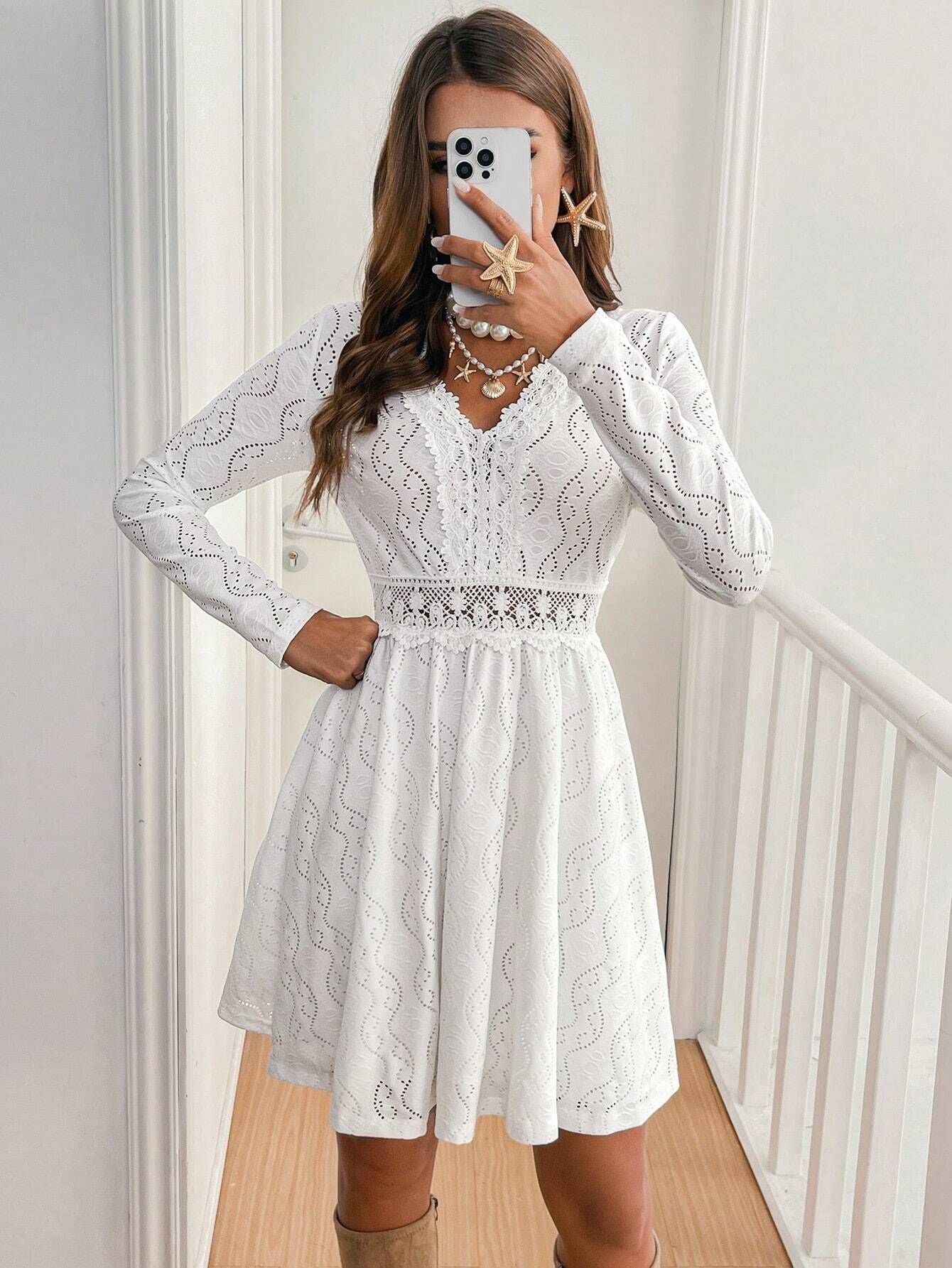 Elegant Women's Solid Lace Patchwork Mini Holidays Dress Sundress 5