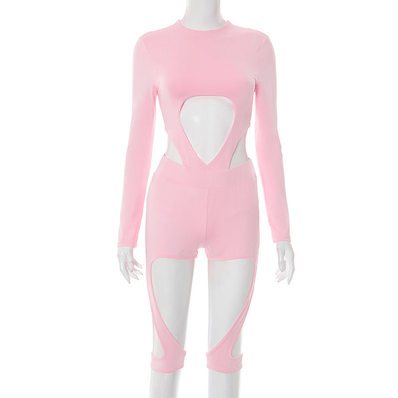 Women’s Round Neck Long-Sleeve Bodysuit with Shorts Two-Piece Set 7