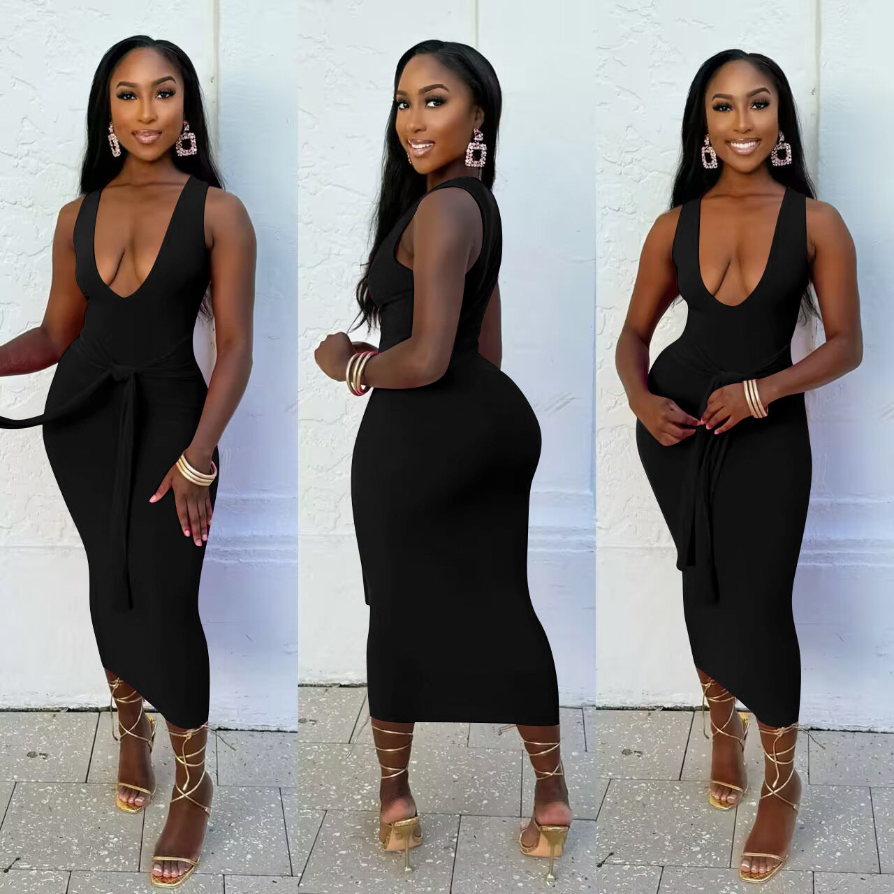 Women's Sexy Fashion V-Neck Solid Color Long Dress 4