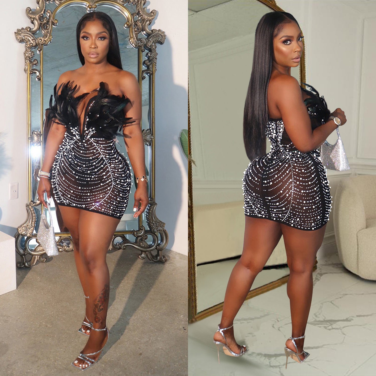 Fashion Women's Solid Color Mesh Beaded Feather Dress 8