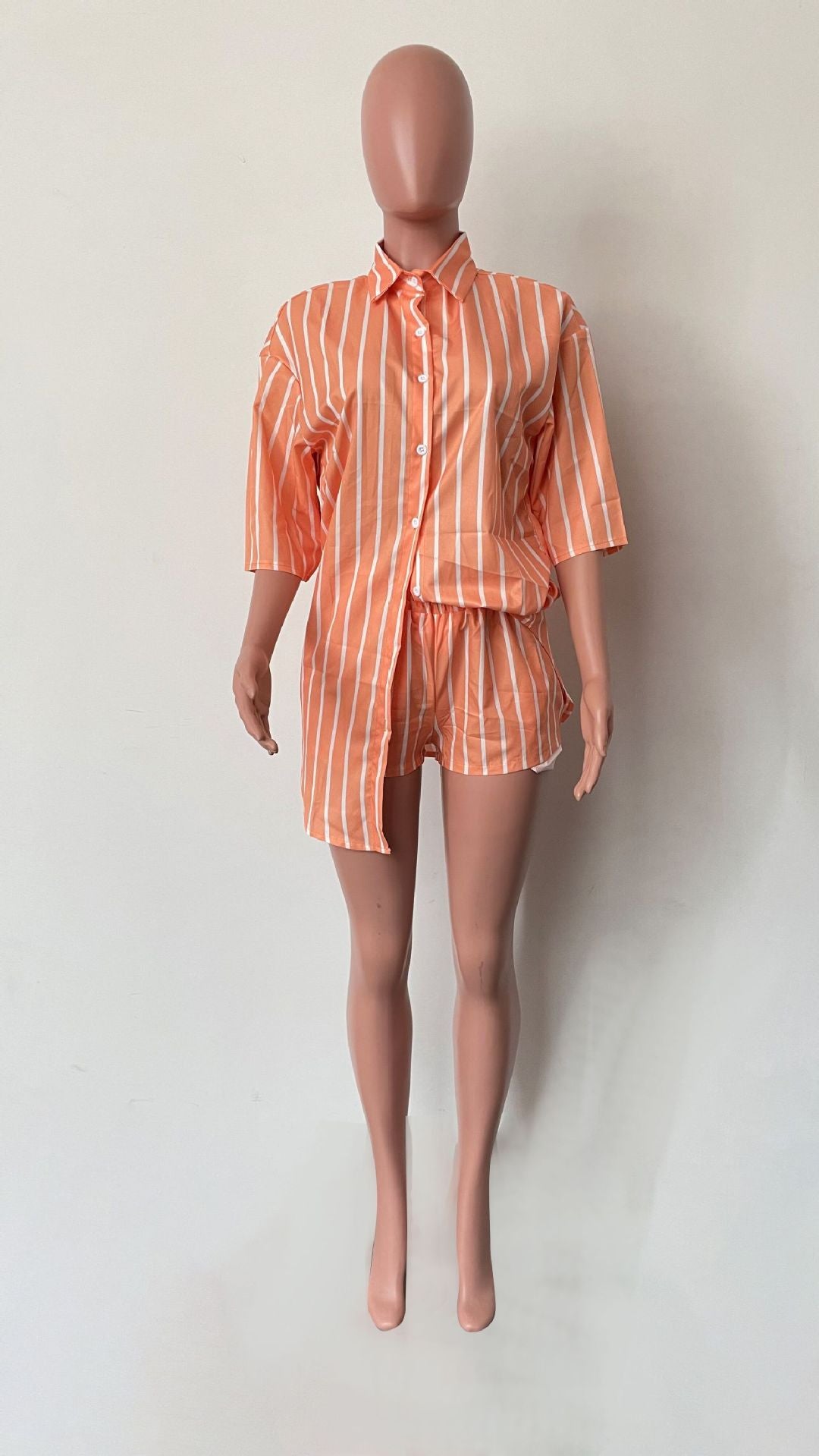 Women Casual Fashion Stripe Print Pocket Shirt and Shorts Two-Piece Set 9
