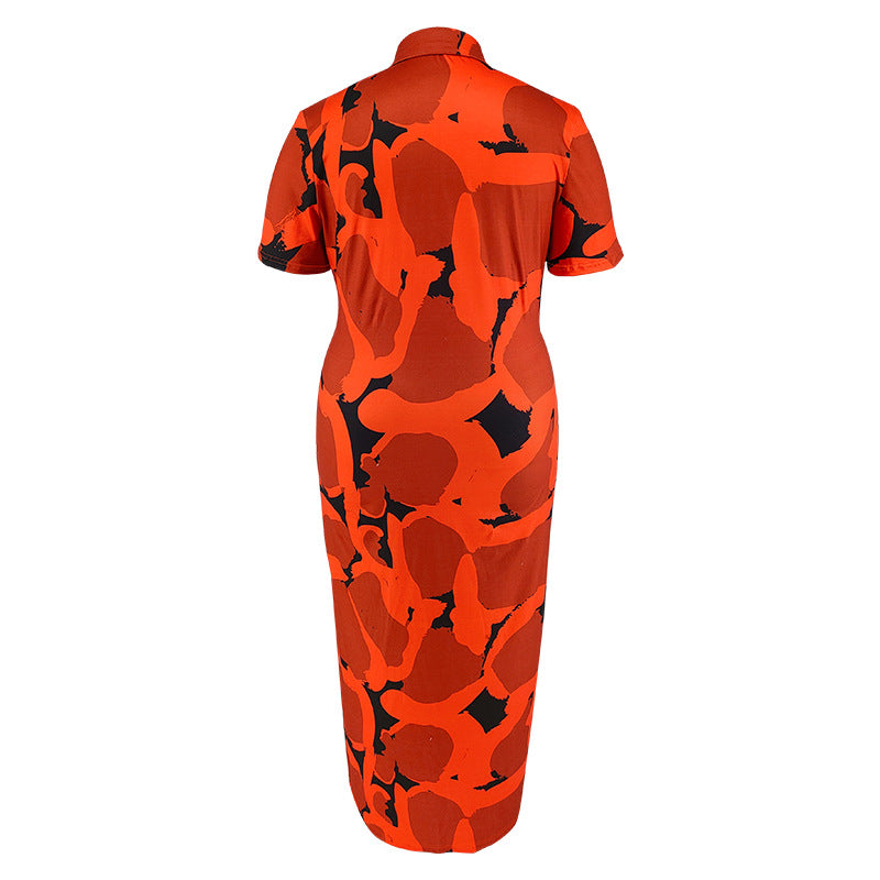 Plus Size Women Button Turndown Collar Short Sleeve Maxi Dress 9