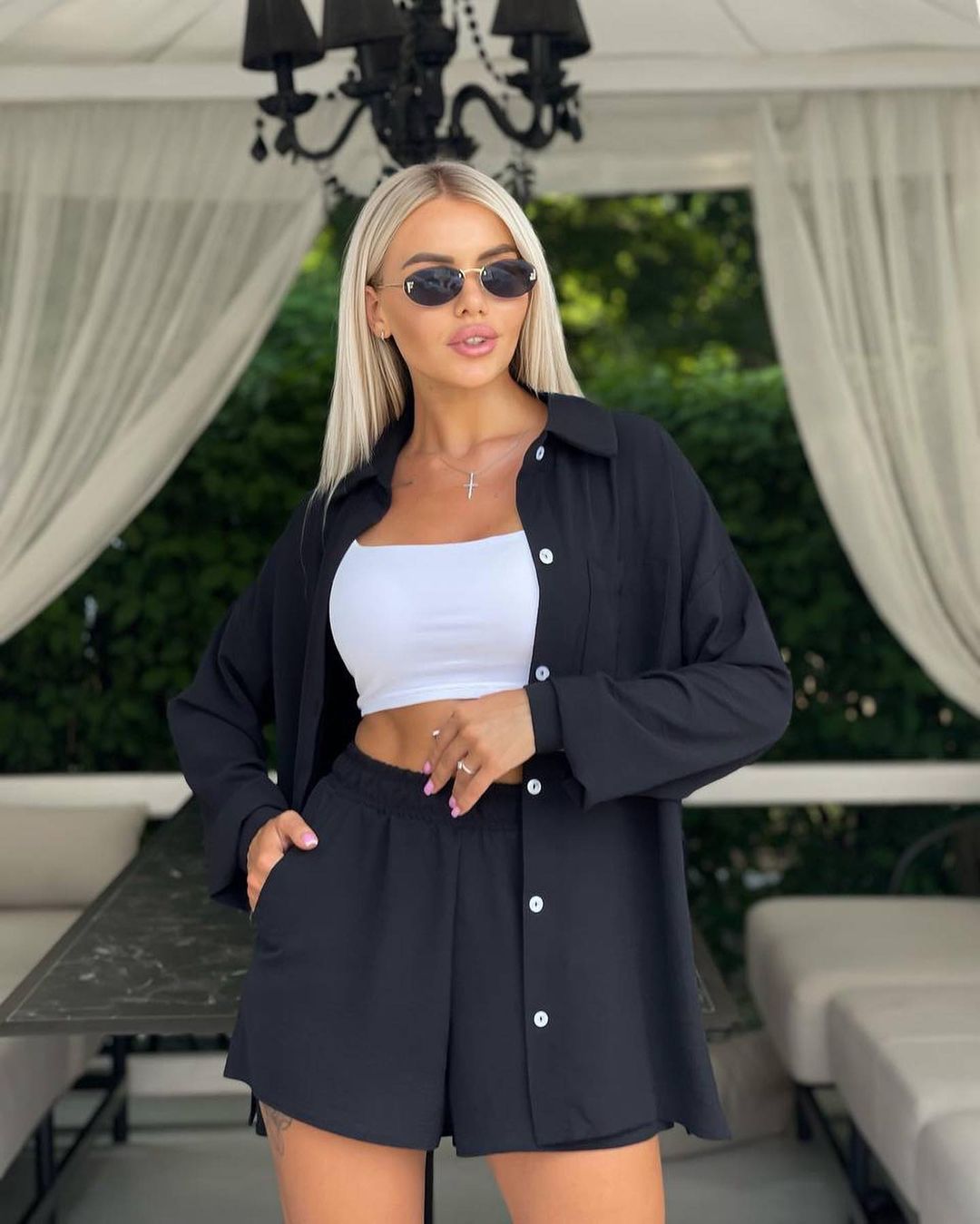 Spring and Spring Women's Solid Color Long-Sleeved Shirt Elastic Waist Loose Shorts Casual Two-Piece Set 7