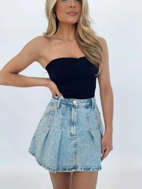 Women Casual Retro Denim Pleated Skirt 4