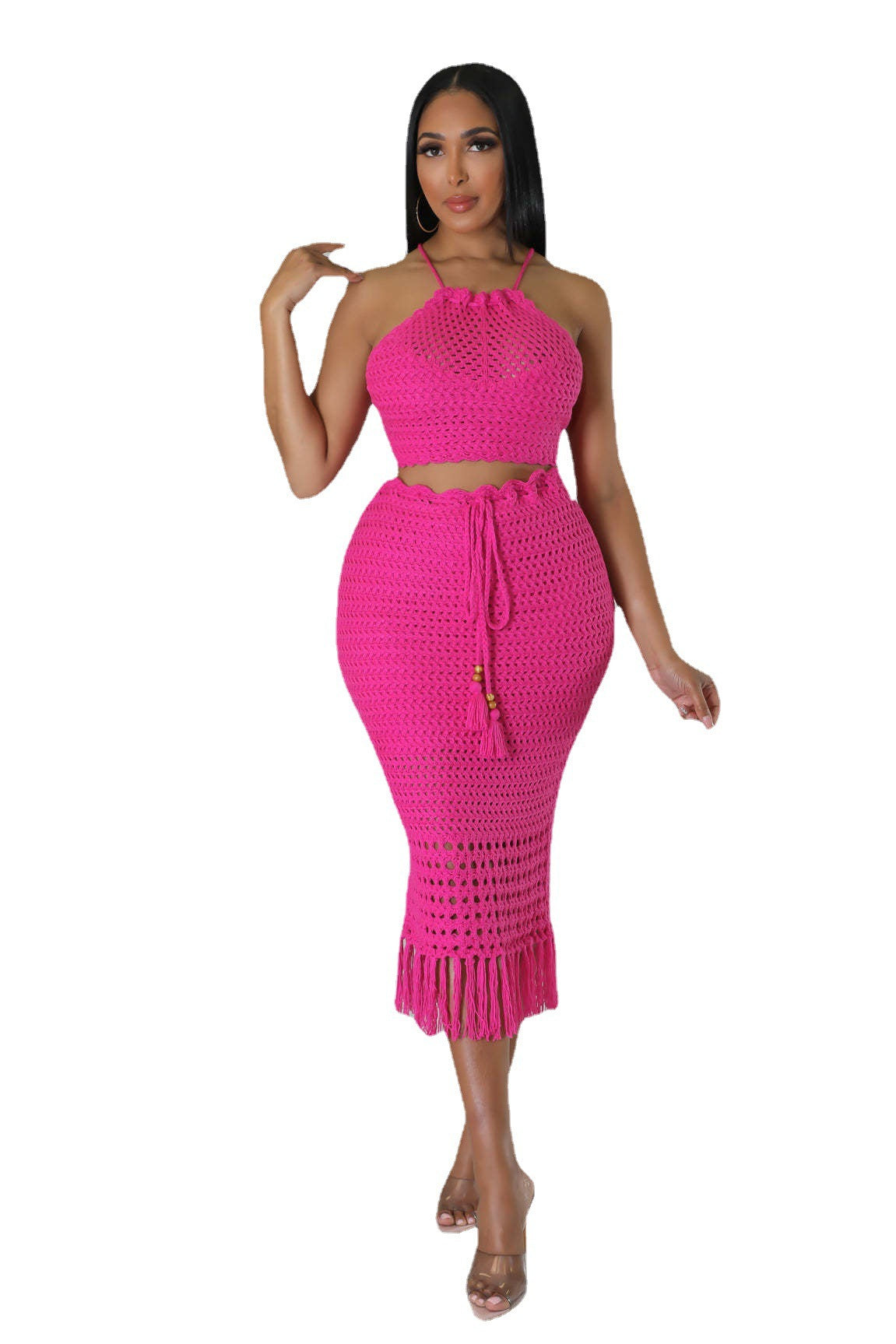 Women'S Fishnet And Fringed Knitting Casual Two-Piece Skirt Set 11