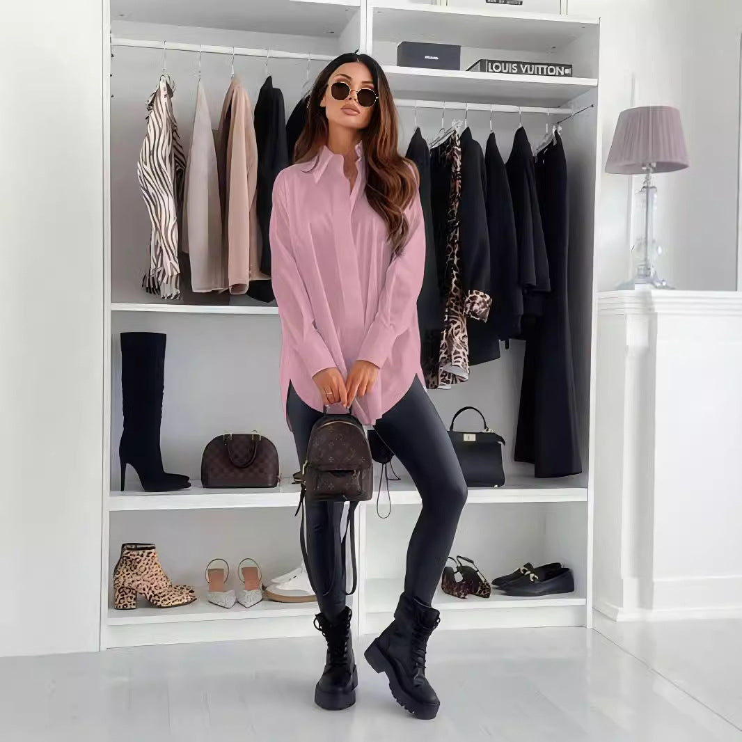 Women autumn and winter casual solid split long sleeve shirt