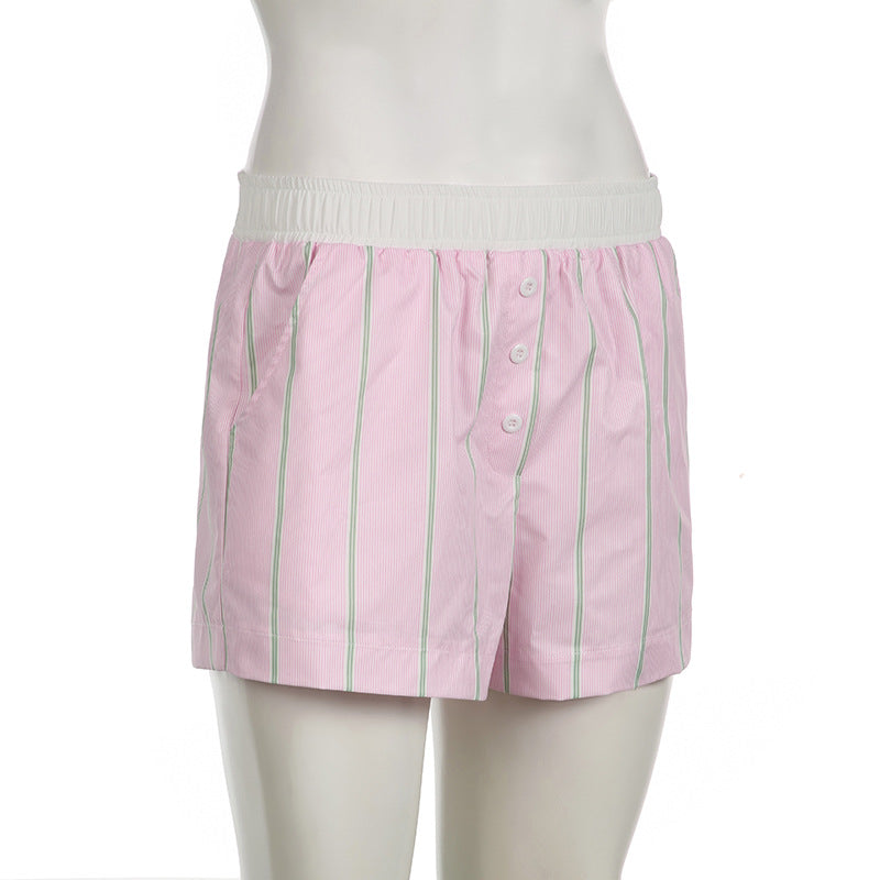 Women contrast color patchwork stripe casual pocket button shorts 7