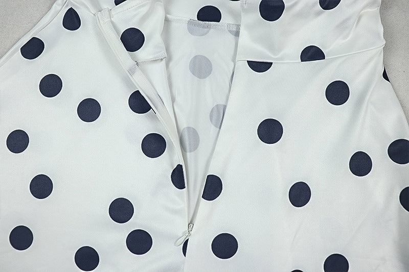 Women Pleated Waist Polka Dot Print Halter Neck Dress 15