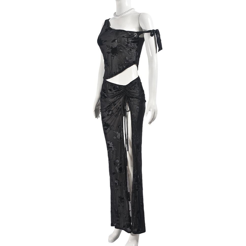 Women See-Through flocking Lace-Up sexy Crop one-shoulder Top and Skirt two-piece set 9