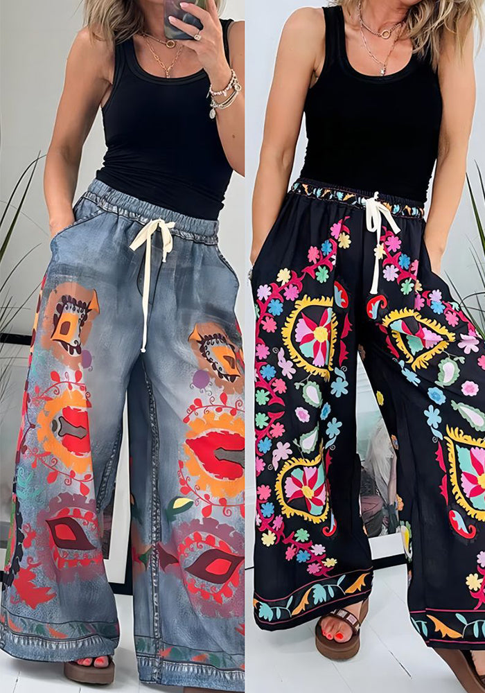 Spring Summer Style Lace Print Pocket Loose Casual Pants For Women