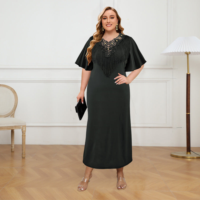 Plus Size Women Quarter Sleeve Tassel Slit Dress 3