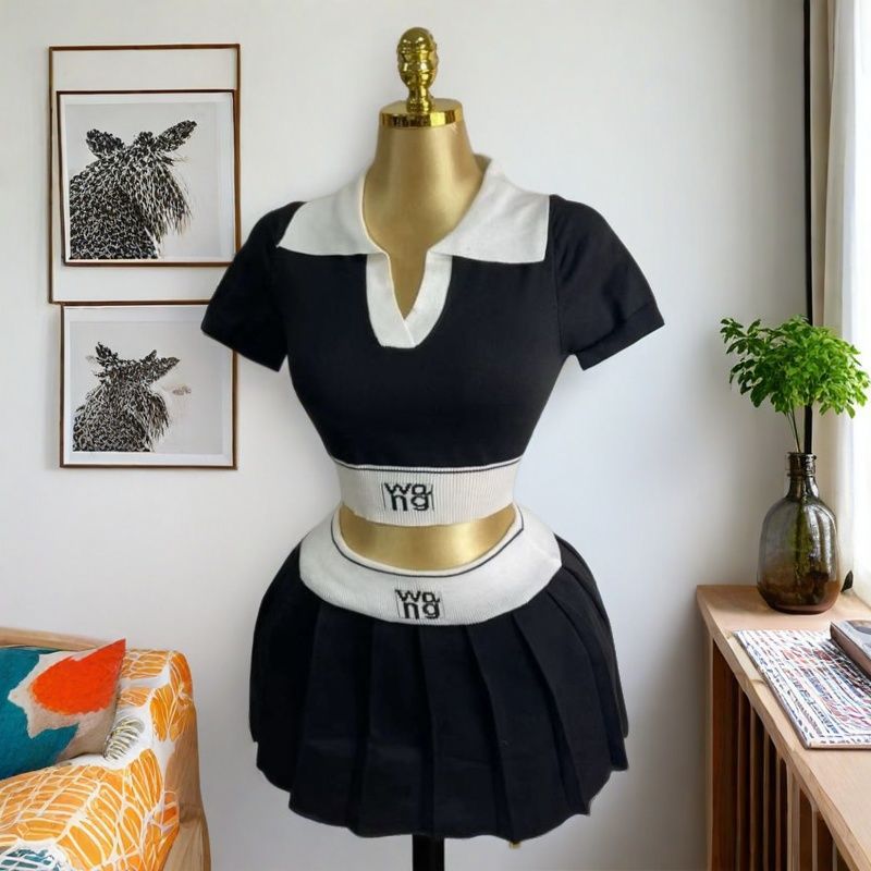 Casual Crop Letter Print Patchwork Turndown Collar Short-Sleeve T-Shirt Pleated Mini Skirt Set 4