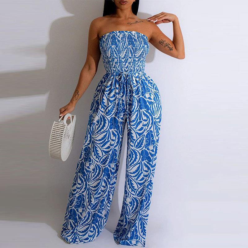 Women Summer Printed Strapless Sexy Off-the-Shoulder Wide-Leg Jumpsuit 10