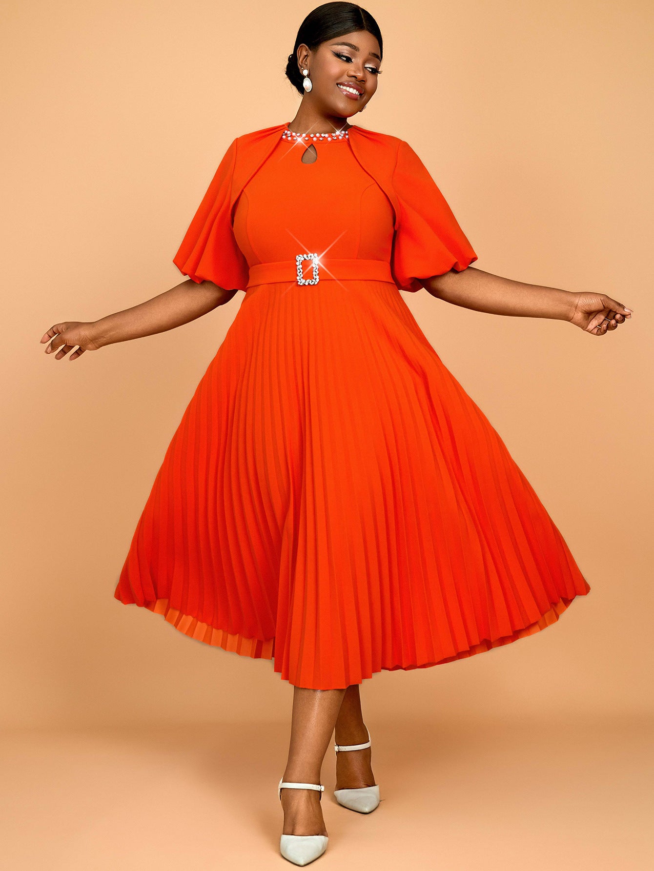 Bright Orange Puff-Sleeve Dress Fashionable Solid Color Party & Career Pleated Dress 9