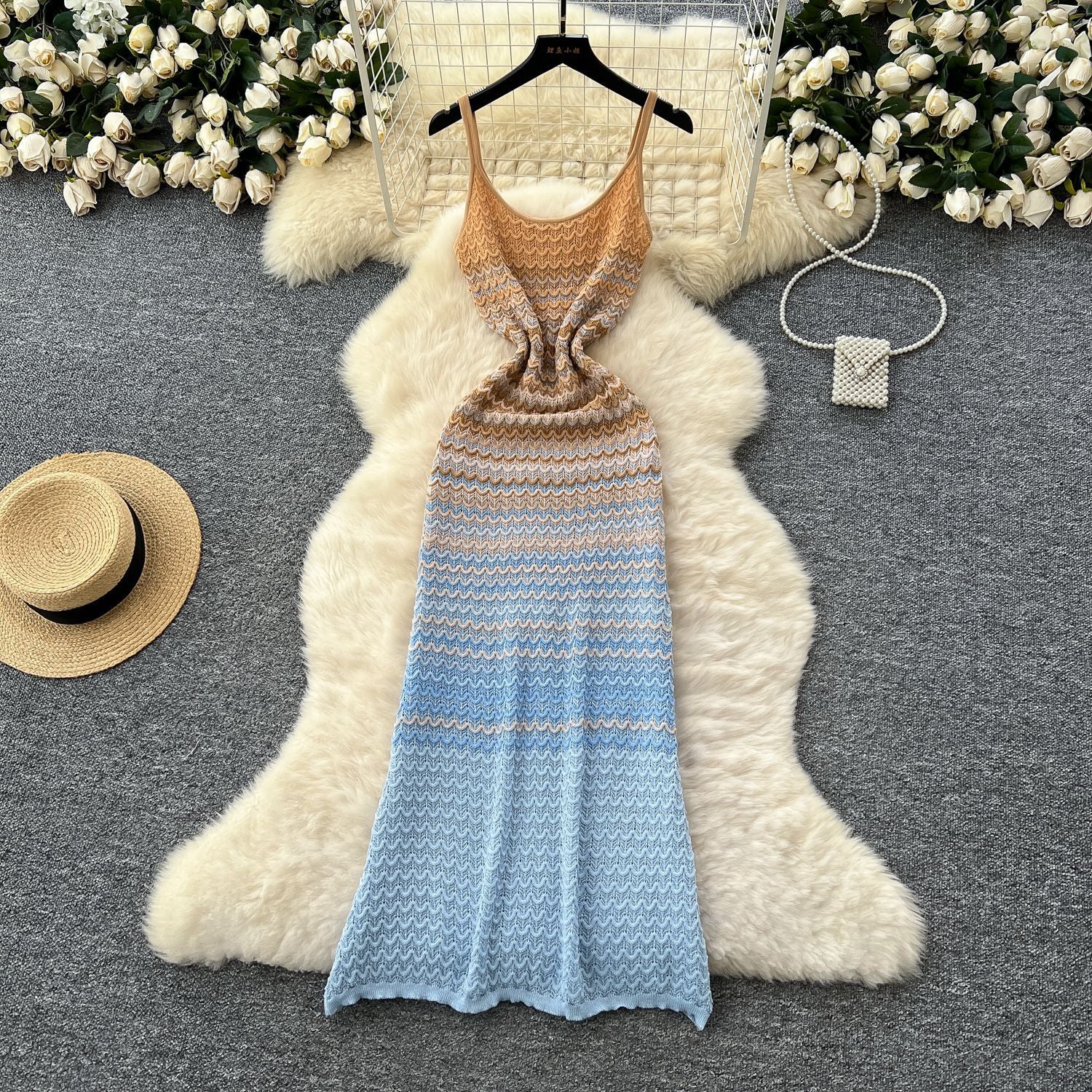 Women's Summer Strap Knitting Gradient Color Slim Bodycon Long Dress 3