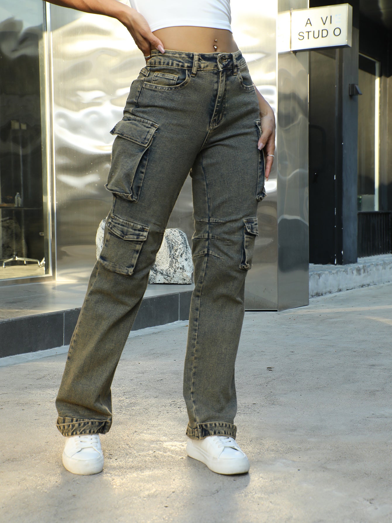 Women Patchwork Lace Cargo Denim Wide Leg Pants
