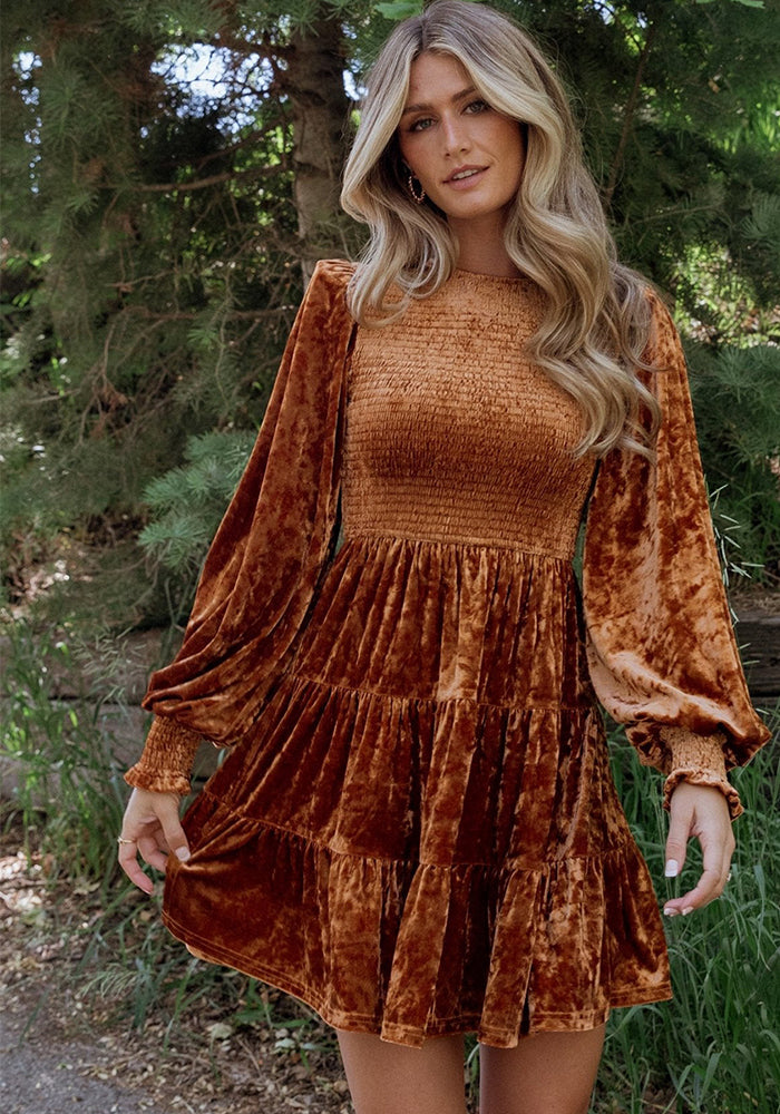 Women's long sleeve ruffle Round Neck short velvet dress