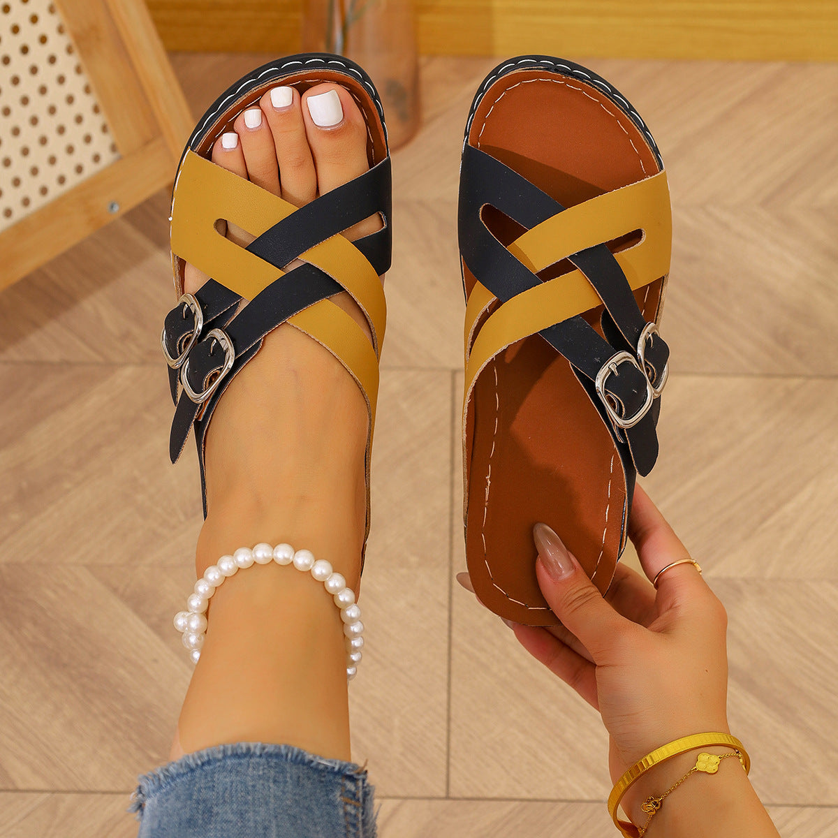 Plus Size Wedge Heel Slippers for Women Summer Belt Buckle Cross-Strap Colorblock Sandals 16