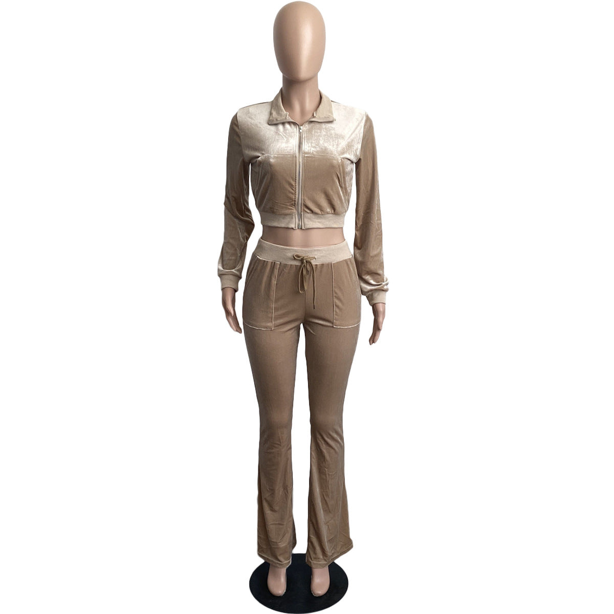 Women's Solid Color Velvet Long Sleeve Sexy Zipper Crop Top Pants Casual Sports Two Piece Set 55
