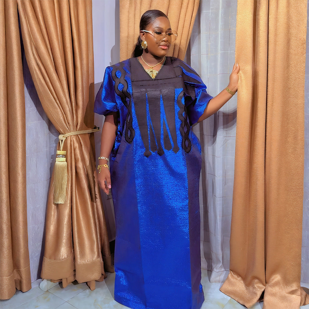 Muslim V-Neck Long Dress African Plus Size Women's Dubai Embroidered Robe Headscarf 4