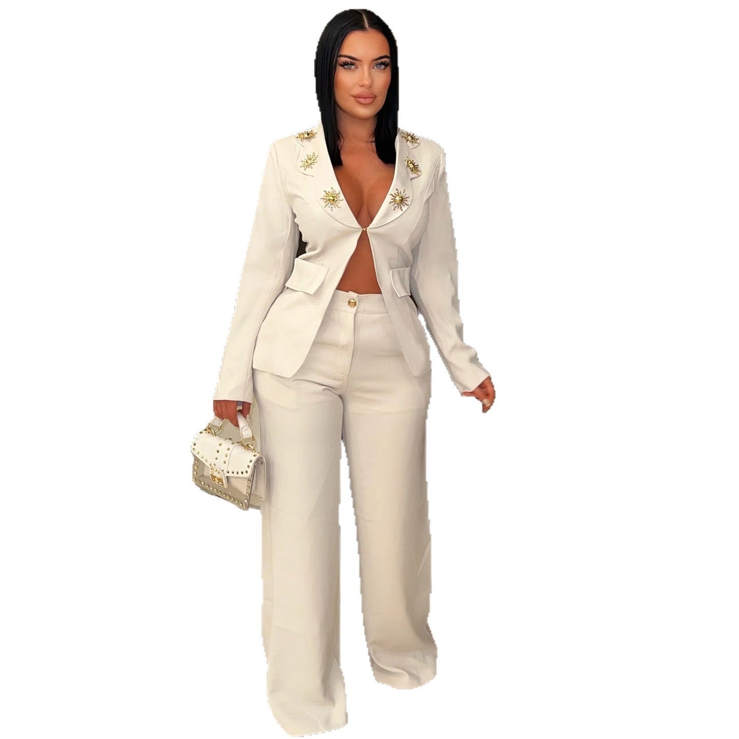 Women elegant contrast color turndown collar casual blazer and pant two-piece set 7