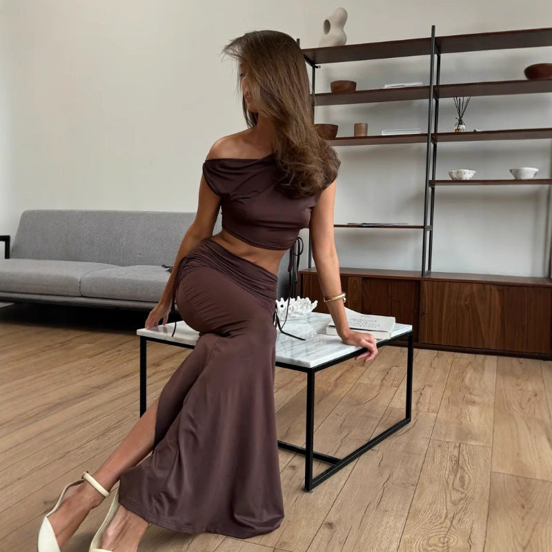 Women's Fashion Slash Shoulder Sexy Crop Top & Slit Skirt Set 3