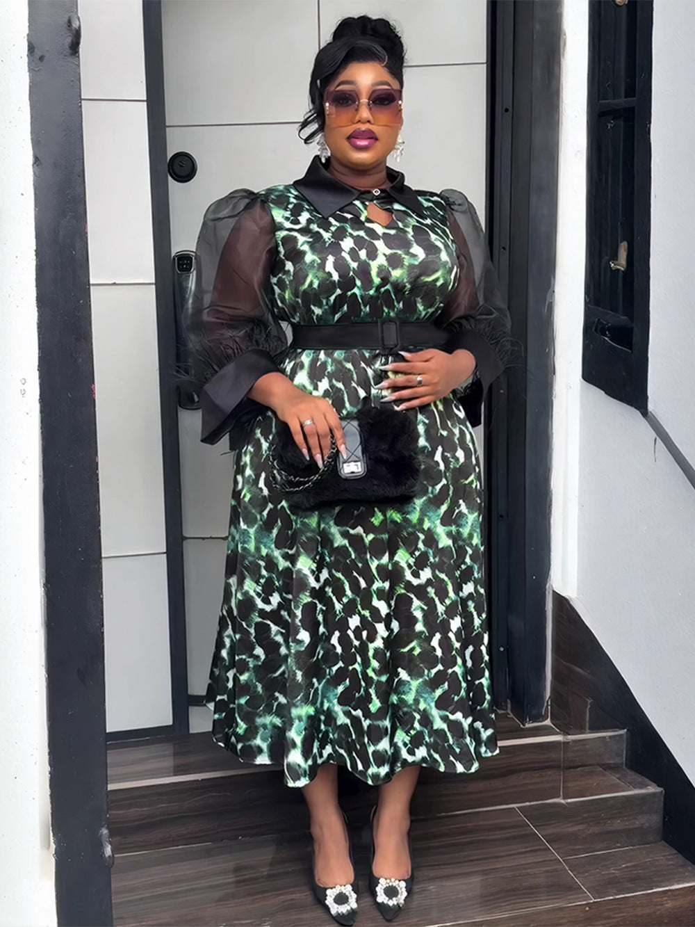 Plus Size African Women Three-quarter Sleeve Black Feather Turndown Collar Print Dress