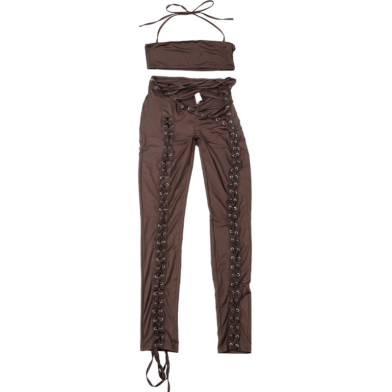 Women Fall Solid Halter Neck Lace-Up Top and Pants Two-piece Set 21