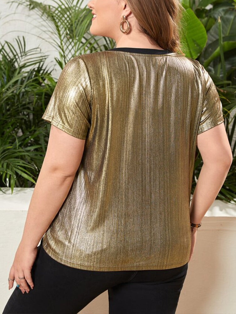 Plus Size Women Summer Bright Patchwork Round Neck Short Sleeve T-Shirt