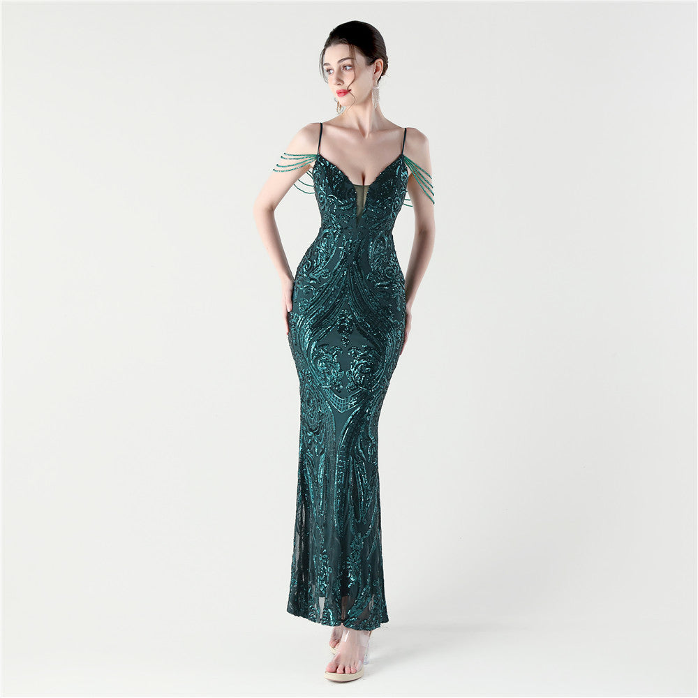 Sequin Beaded Fishtail Evening Dress Deep V Neck Formal Party Gown 12