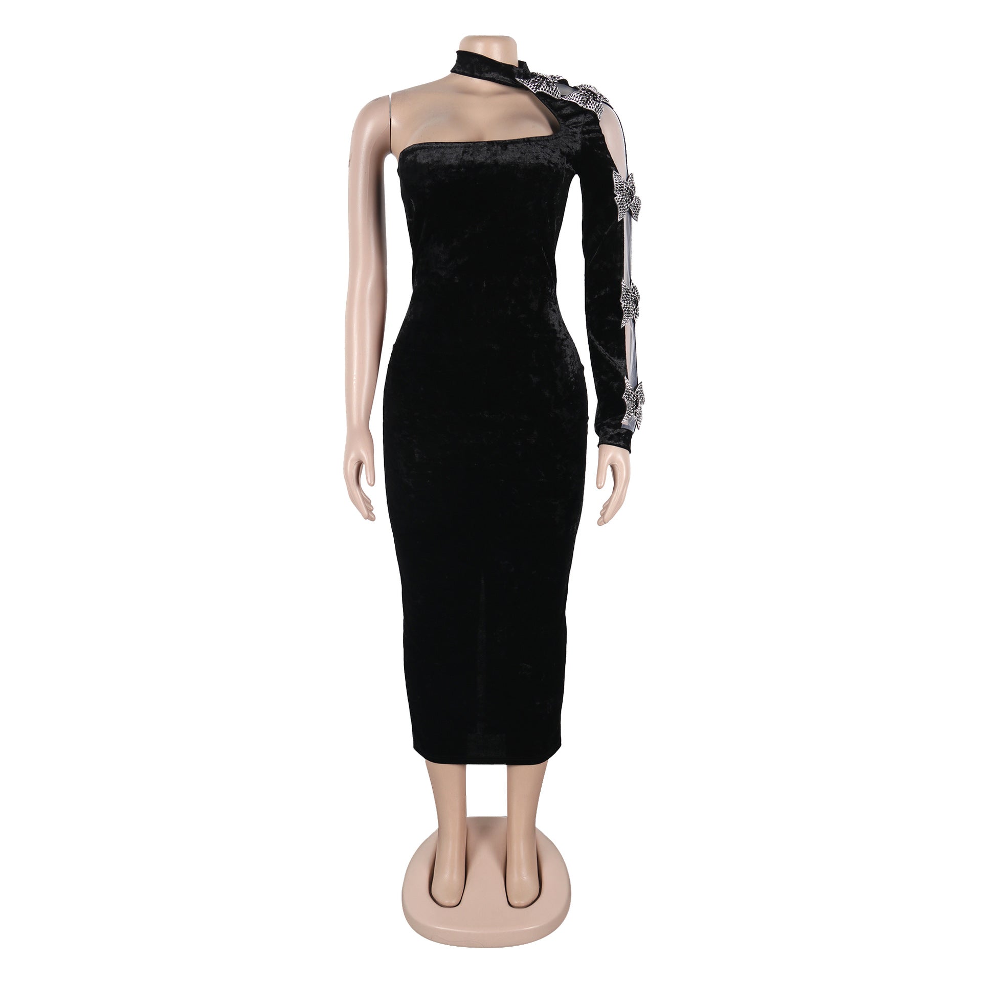 Women off-shoulder rhinestone ribbon single long-sleeved velvet dress 8