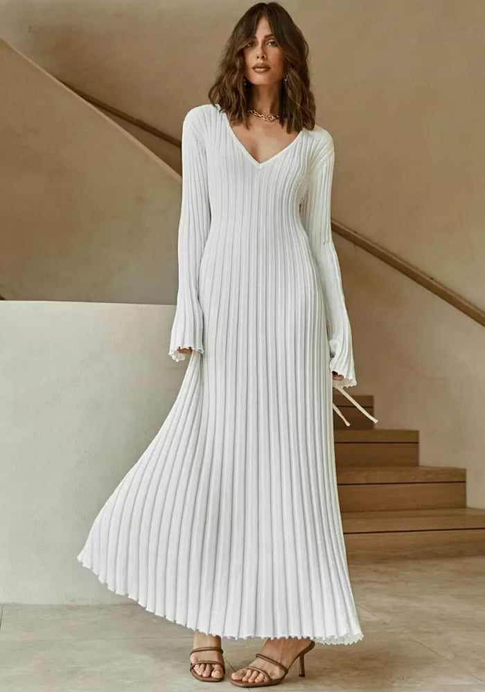 knitting dress Casual Slim Waist V-neck Wide Ribbed Slim Fit long dress