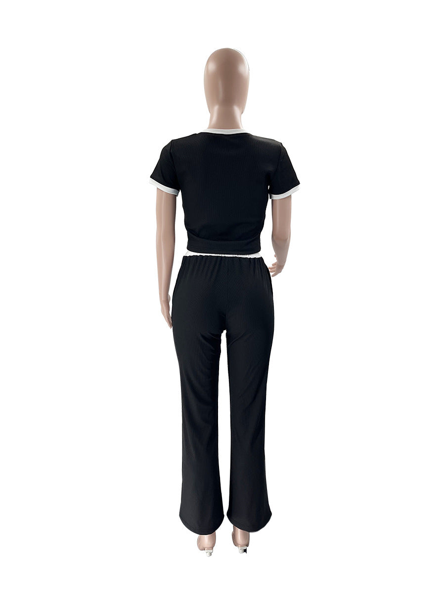 Spring Summer Style Round Neck Contrast Color Short Sleeve Top Women's Fashion Casual Wide Leg Pants Sports Two Piece Set 12