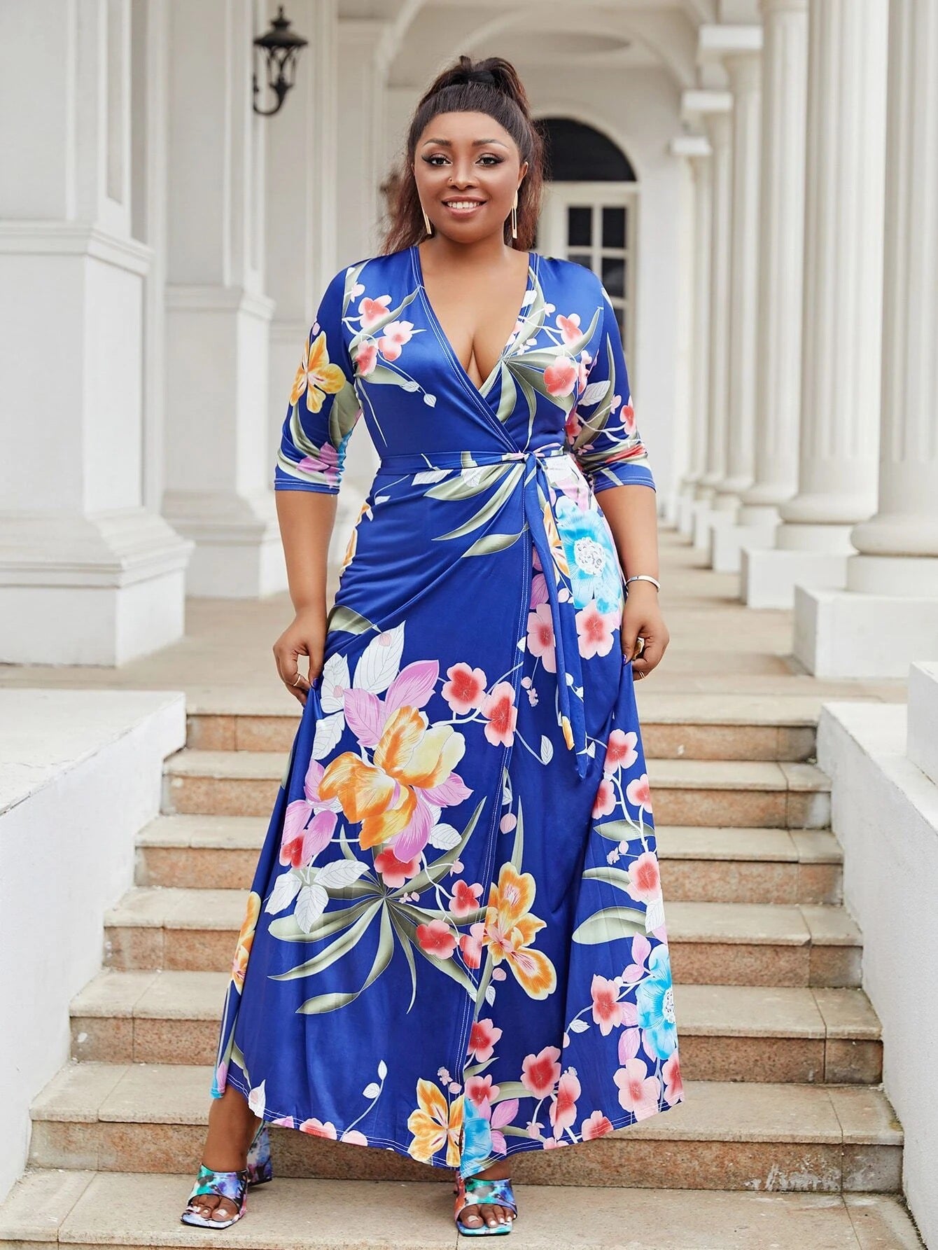 Women V-neck Half-Sleeve Slit Dress Bohemian Beach Maxi Dress 4