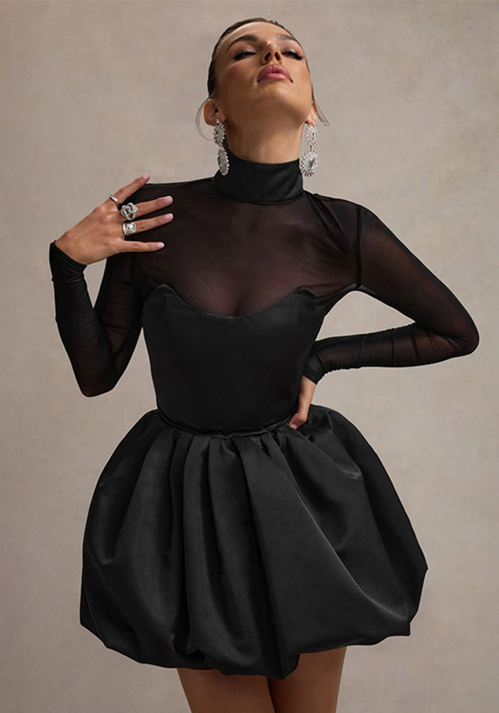 Women half-high collar mesh patchwork long sleeve bud skirt