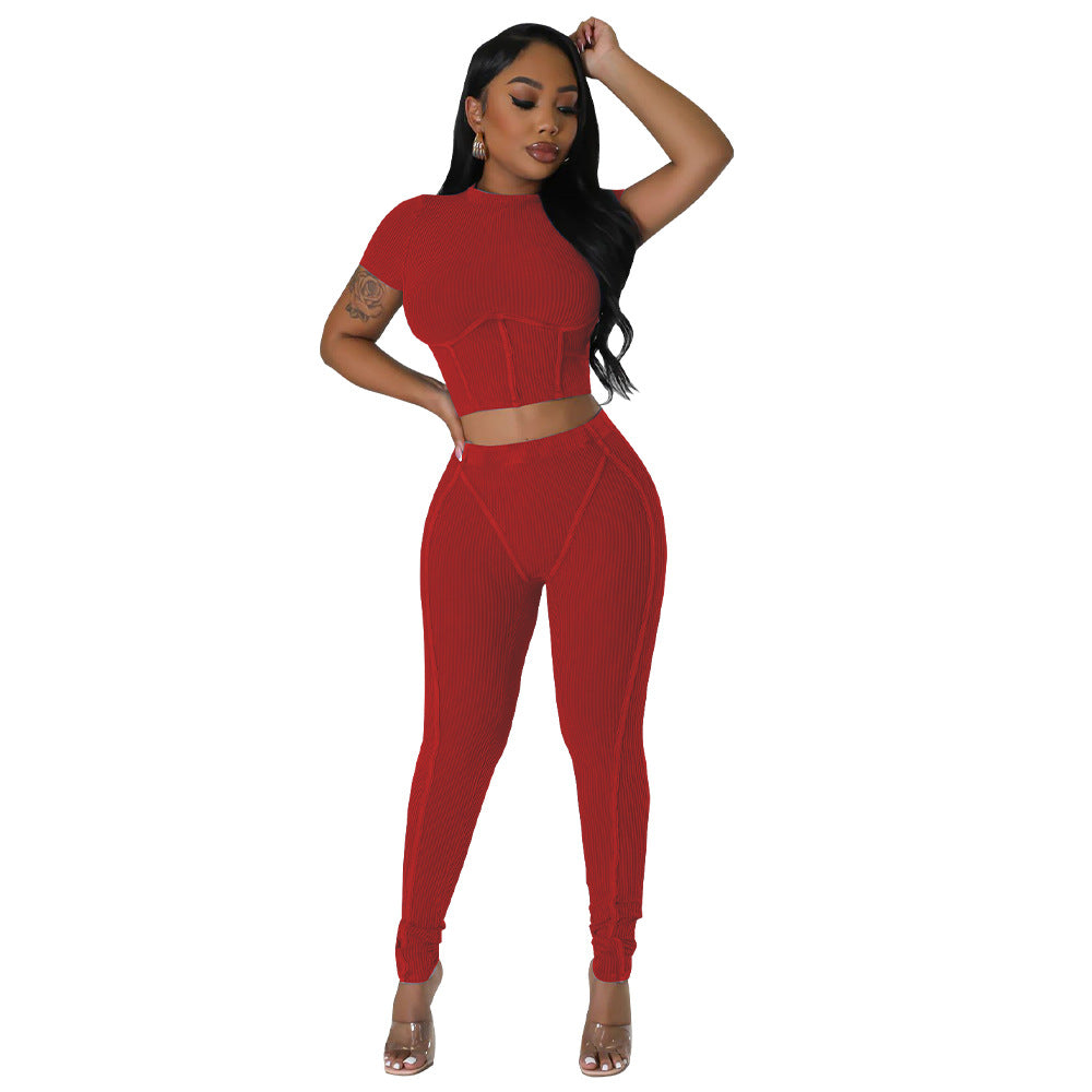 Solid Round Neck Tight Fitting Sexy Women's Sport Two Piece Pants Set 11