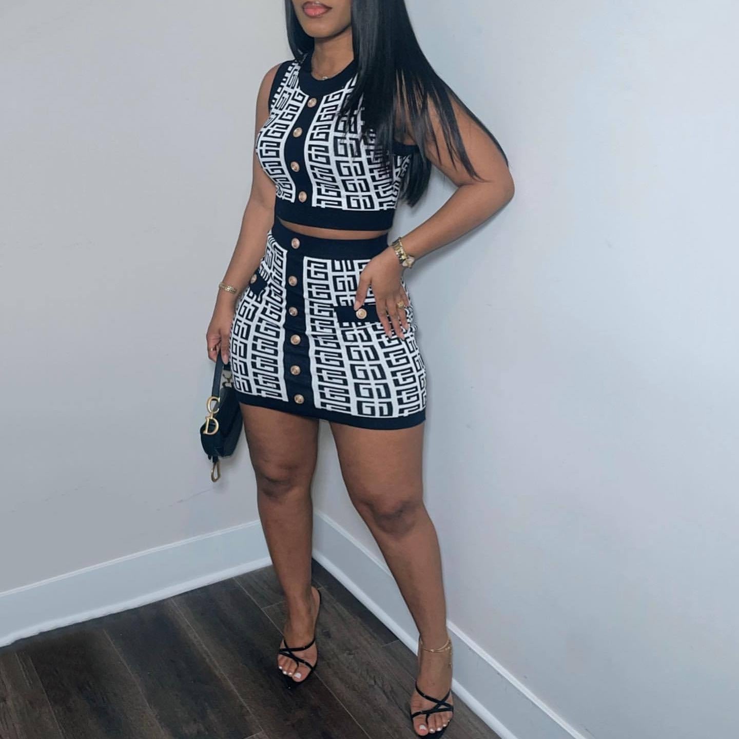 Women Casual Printed Round Neck Sleeveless Top and Mini Skirt Two-piece Set 7