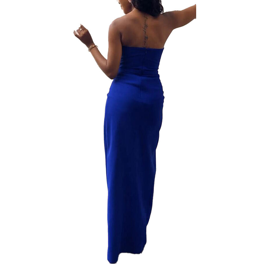 Sexy solid color strapless pleated lace slit dress 6