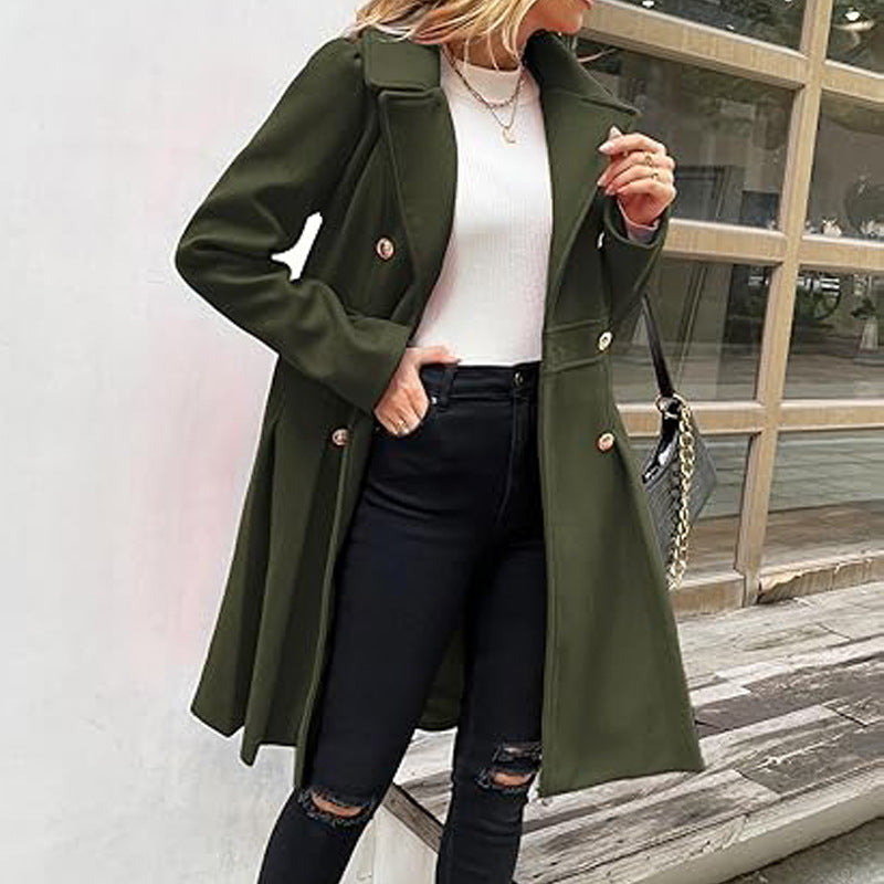 Women Fall and Winter Turndown Collar Double-Breasted Pocket Windbreaker 60