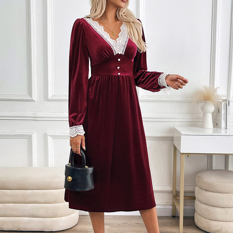 Women's Autumn Winter Contrasting Color Lace Velvet Patchwork Elegant Casual Dress 6