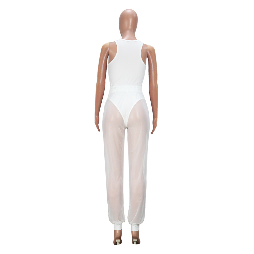 Women Sleeveless Sexy Cutout Pants Mesh Two-Piece Set 10