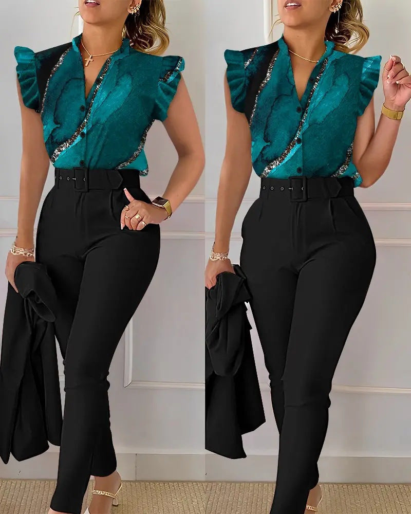 Stylish Printed Ruffle Sleeve Top Solid Color Pants Two Piece Set With Belt 31